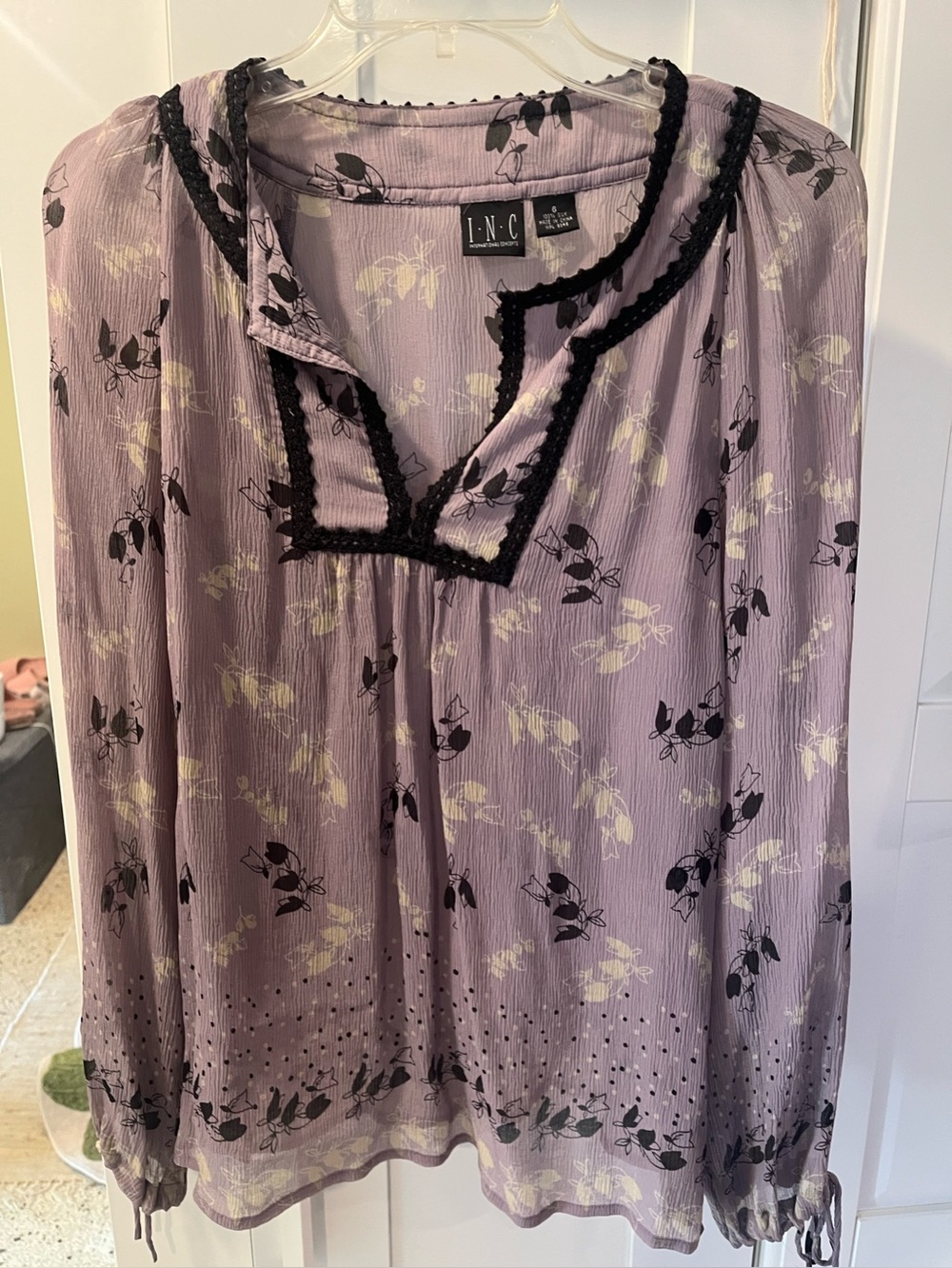 NWOT*INC International Concepts Lavender Floral Long-Sleeve SILK Peasant Top